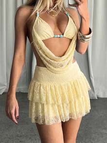 Aloruh 女士度假串珠吊带扎染印花露背吊带背心和低腰荷叶边修身扎染印花迷你裙套装 - 黃色 - 查看 8
