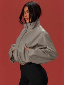 Denimoi High Neck Cinched Waist Zip Front Faux Leather Jacket Cropped Jacket Fashion Streetwear - Light Grey - View 2