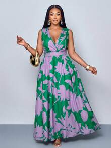 SOLERSUN Đầm dài không tay cổ chữ V sâu, in họa tiết toàn thân, kiểu dáng đơn giản, thường ngày dành cho nữ, cỡ lớn (họa tiết ngẫu nhiên) - màu xanh lá - Xem 4