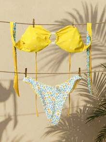 Swim Mod Women's Bandeau Backless Tie-Back Circular Ring Ditsy Floral Reversible Bikini Set Set With Detachable Straps, Suitable For Spring, Summer And Autumn Beach Vacation Bikini Set Vacation Flower Bikini - Multicolor - View 6