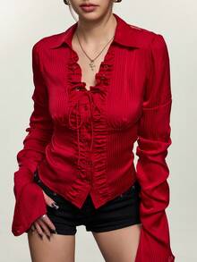 Rina Fox Women's Solid Color Frill Trim Single-Breasted Pleated Casual Everyday Long Sleeve Top - Burgundy - View 3