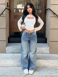 SHEIN PETITE Jeans minimalisti di colore unito da donna per uso quotidiano - Blu - Visualizzare 7