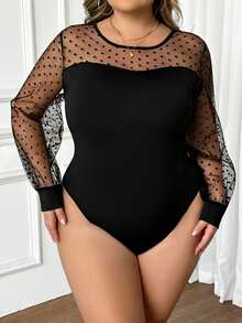 SHEIN CURVE+ Plus Size Women Flocked Polka Dot Mesh Patchwork Jumpsuit - Black - View 4