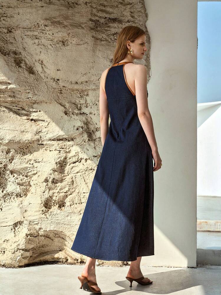 WOMEN'S CONTRAST COLOR DESIGN HALTER WAIST CINCHED SLIM DENIM DRESS, SPRING/SUMMER