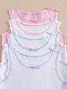 Young Girls Multicolor Plain Sleeveless Fitted Round Neck Basic Cotton Undershirt With Contrast Trim - Multicolor - View 3