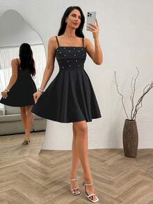 EURMUSE Robe ajustée et évasée avec bretelles spaghetti noires ornées de détails en strass, robe spécialement conçue, robe élégante - Noir - Voir 5