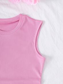 SHEIN Bộ 2 món cho bé gái tuổi teen: Áo hai dây dệt kim màu đen kèm áo khoác denim, trang phục thường ngày đi làm. - Màu Hồng  Dưa hấu - Xem 6
