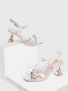 CUCCOO SZL Women's Square Toe Criss-Cross Strap Sandals, Asymmetric Chunky Heel, Fashion High Heels Prom Heels Summer Shoes - Silver - View 3