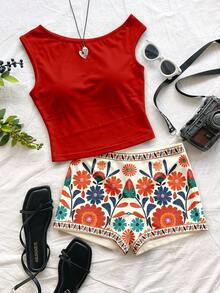 Soleia Casual Minimalist Vacation Bohemian Elegant Romantic Retro Printed Pattern, Music Festival, Beach Outfit, Vacation Outfit, Women Summer Outgoing Oblique Shoulder Top And Shorts Set - Multicolor - View 7