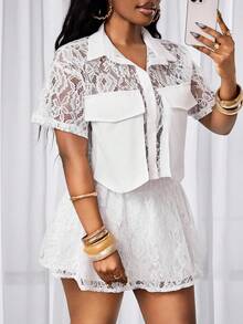 BamGleam Camisa casual, elegante y sexy para mujer con cuello de encaje jacquard, parches, manga corta, bajo asimétrico y transparente, ideal para vacaciones y playa en primavera/verano - Blanco - Ver 5