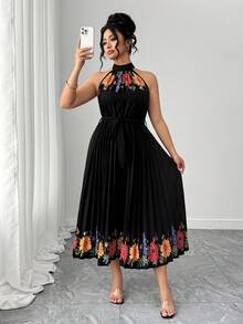 EMERY ROSE Đầm dự tiệc cỡ lớn dành cho nữ, in hoa, cổ yếm, thắt eo, xếp ly, thanh lịch, ôm eo. - Nhiều màu - Xem 3