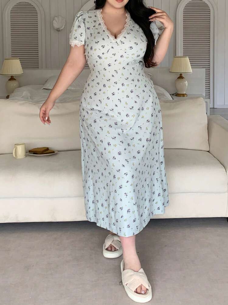 Dazy Plus Plus Size Women's Summer Ditsy Floral V-Neck Petal Sleeve Contrast Lace Tie Waist Nightgown