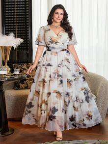 Modelyn Plus Size Women V-Neck Floral Print Ruched Waist Elegant Party Dress - Apricot - View 4