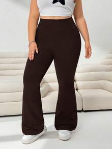 SHEIN Tall CURVE 大码女装秋冬返校休闲家居服瑜伽舒适户外纯黑色针织弹力腰高腰口袋喇叭裤，带口袋打底裤 - 棕色 - 查看 6