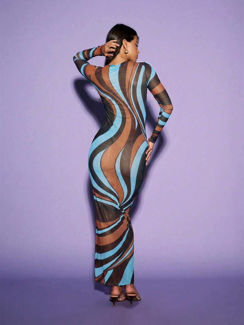 KIZN Sheer Long Sleeve Printed Mesh Maxi Dress