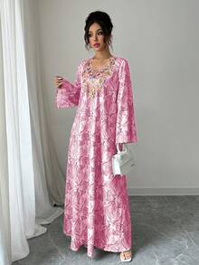 Yasmyna Đầm nữ cổ chữ V tay dài đính sequin thêu họa tiết nhiều màu sắc, dáng rộng, thanh lịch, lãng mạn theo phong cách Ả Rập. - Hồng - Xem 3