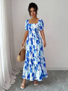 Elenzga 印花收腰方领花瓣袖女式连衣裙 - 藍白色 - 查看 3