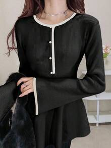 FRIFUL 女士休闲日常办公通勤撞色滚边荷叶边下摆毛衣，秋冬款 - 黑色 - 查看 3