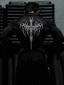 GymBeat 男士立领插肩袖修身透气长袖立领运动T恤 - 黑色 - 查看 2