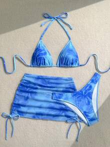 Soleia Women's Floral Print Halter Tie Bikini Set With Coverup And Skirt, Vacation Beach Style - Blue - View 3