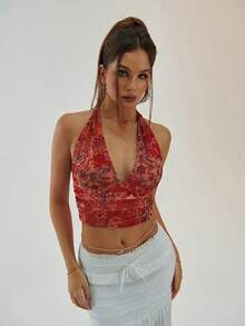 Aloruh 女士性感露背印花系带吊带背心，适合海滩度假 - 紅色 - 查看 7