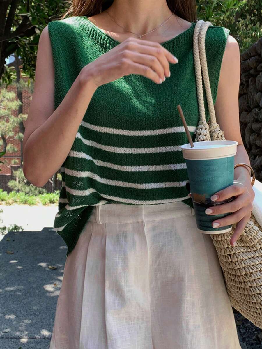DAZY Striped Vest Sleeveless Layered Design Women Knit Top - Green - View 1