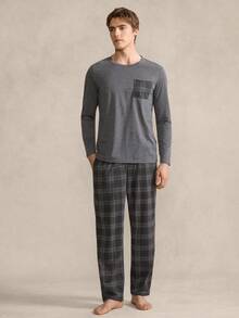 EverLounge Men's Plaid Print Long Sleeve Top And Pants Pajama Set, Spring/Autumn - Dark Grey - View 3