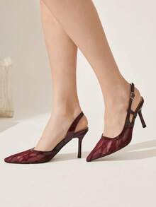 CUCCOO CHICEST 女士经典简约时尚网面拼接高跟鞋，尖头细高跟，浪漫优雅，简约性感，露跟设计，适合约会、下午茶、情人节等场合，尽显优雅性感。 - 酒紅色 - 查看 7