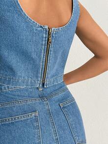 SHEIN Woman Denim Two Pieces Set Mini Skirt And Top - Medium Wash - View 2