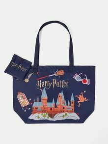 HARRY POTTER X SHEIN Fashionable Street Leisure Large Capacity Lightweight Foldable Dark Blue Children's Fun Printed Tote Bag, Storage Bag - sapphire blue - View 3