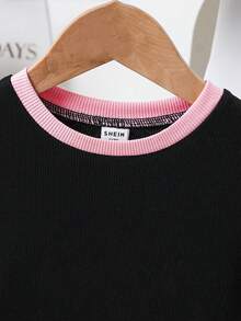 SHEIN Young Girls Solid Color Contrast Fitted Crop Back Cutout Organza Bow Decor Short Sleeve Belted Mini Dress, Fashionable French Elegant, Back To School, Y2K, Sweet & Cool Lady Black And Pink Dress Bow Birthday Dress For Girls Black And Pink Girls Twirl Dress Kids Clothes With Bows Bow Dress For Girls,Kids - Pink - View 6