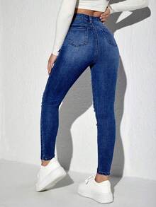 Jeanoix Quần jeans skinny cạp cao rách có túi dành cho nữ cỡ lớn theo phong cách Y2K (phong cách thời trang thập niên 2000) - Rửa tối - Xem 2