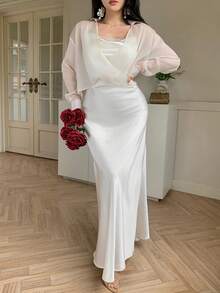 DAZY Women's Sheer Long Sleeve Loose Blouse And Long Satin Slip Dress Elegant 2 Pieces Set - Champagne - View 1