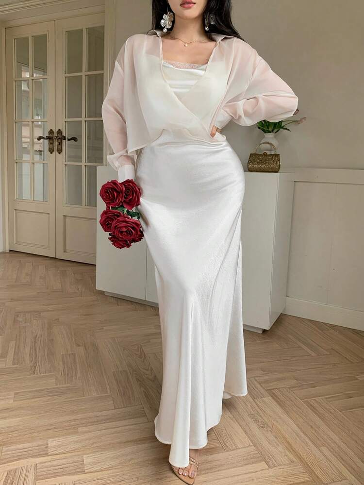 Women's Sheer Long Sleeve Loose Blouse And Long Satin Slip Dress Elegant 2 Pieces Set