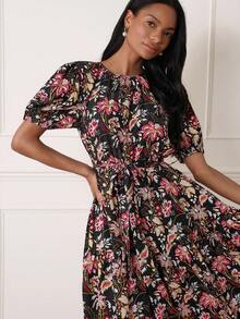 Lilora Chic Women's Boho Midi Dress With Random Print Tie Neck And Half Puff Sleeves In Black Floral Woven Fabric Garden Party Summer - Multicolor - View 1