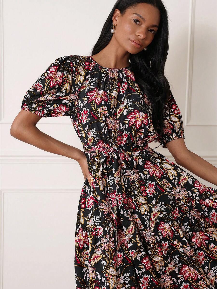 Lilora Chic Women's Boho Midi Dress With Random Print Tie Neck And Half Puff Sleeves In Black Floral Woven Fabric Garden Party Summer - Multicolor - View 1