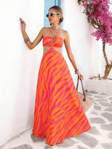 Vivid Eden 女士露背镂空A字休闲印花度假连衣裙 - 橘色 - 查看 6