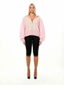 SUMWON WOMEN Áo hoodie nữ dáng rộng, khóa kéo toàn thân, in hình lớn phía trước, tay dài, thích hợp cho mùa thu đông. - Màu Hồng baby - Xem 3