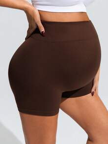 SHEIN Maternity Solid Color High Waist Lifting Sports Shorts,Word Cup - Brown - View 6