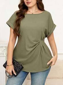 Reflora Plus Size Olive Green Summer Smart Casual Office Blouse,Solid Rolled Sleeve Waist Ruched Elegant Minimalist Short Sleeve Tie Front Top For Mother - Green - View 8