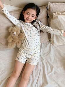 DAZY Young Girl Ditsy Floral Round Neck Long Sleeve Bow Decor Long Sleeve Top And Shorts Pajama Set - Beige - View 6