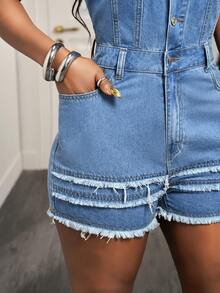 BamGleam Women's Casual Everyday Commute Fashion Street Sleeveless Multi-Layer Fringe Waist Denim Romper, Summer - Light Wash - View 5