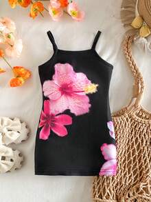 SHEIN Babygirl 可爱花卉针织吊带背心连衣裙，夏季 - 黑色 - 查看 4