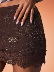 MISSGUIDED Women's Brown Mini Skirt With Intricate Lace Hem And Embellished Beaded Detail For Evening Party Occasions - Coffee Brown - View 3