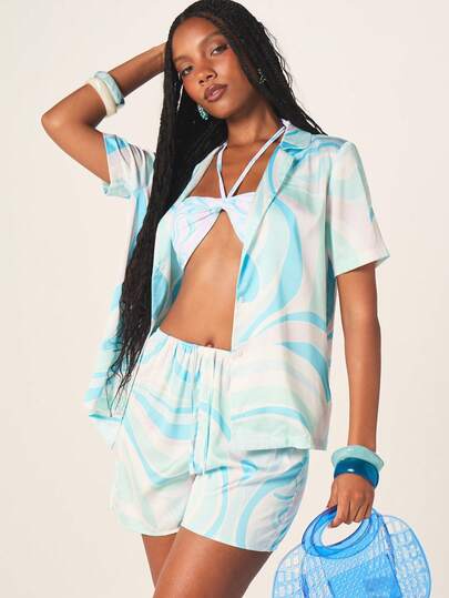 MISSGUIDED Abstraktes Wirbel-Muster Kurzarm Hemd mit Kragen und Schleife vorne, lässiger Sommerstil