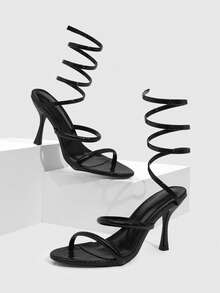 CUCCOO SZL Sandalias de tacón de aguja con tiras sexy para mujer, tacones altos de tiras negras de punta abierta, zapatos de fiesta sexy personalizados - Negro - Ver 3