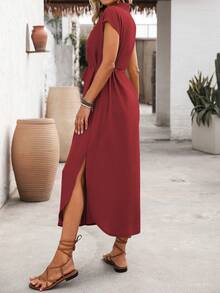 SHEIN LUNE Vestido camisa feminino de cor sólida, casual/para o trabalho, com gola, fechamento frontal com botões, bolso no peito, modelagem solta, cinto para marcar a cintura, laço, fendas laterais, ombros caídos e comprimento maxi. - Borgonha - Ver 2