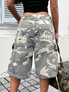 Muchica 女士休闲宽松迷彩印花阔腿牛仔短裤 - 米色 - 查看 2