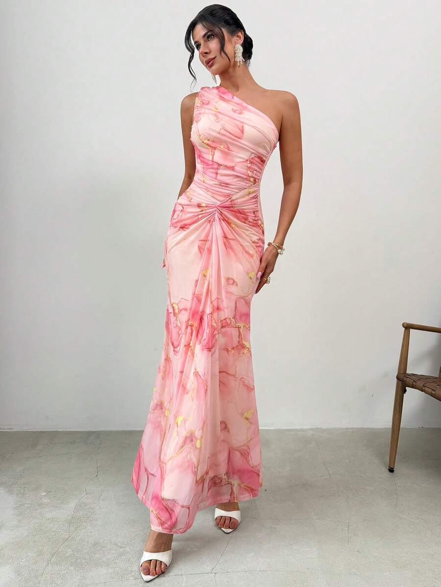 Firerie 女士优雅休闲度假沙滩旅行连衣裙，粉色网纱印花单肩褶皱修身连衣裙，精致优雅，适合下午茶、户外活动、情人节约会