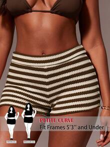 SHEIN PETITE CURVE 新款加大码女装小码夏季休闲度假日常通勤撞色针织条纹短裤，适合娇小身材女性。高腰设计让您看起来更苗条，腿部更修长，针织面料，舒适透气，适合娇小身材女性。适合所有季节和场合，居家休闲，适合娇小女孩和女性，夏季喇叭裤，夏季喇叭裤，夏季服装，夏季度假服装，女士长裤，春季服装，休闲裤，夏季高腰显瘦裤，女士休闲裤，非常适合度假，尤其是海滩度假，女士性感裤，狂欢节服装，2026年狂欢节女士造型，2026年狂欢节女士服装，狂欢节服装 - 棕色 - 查看 4